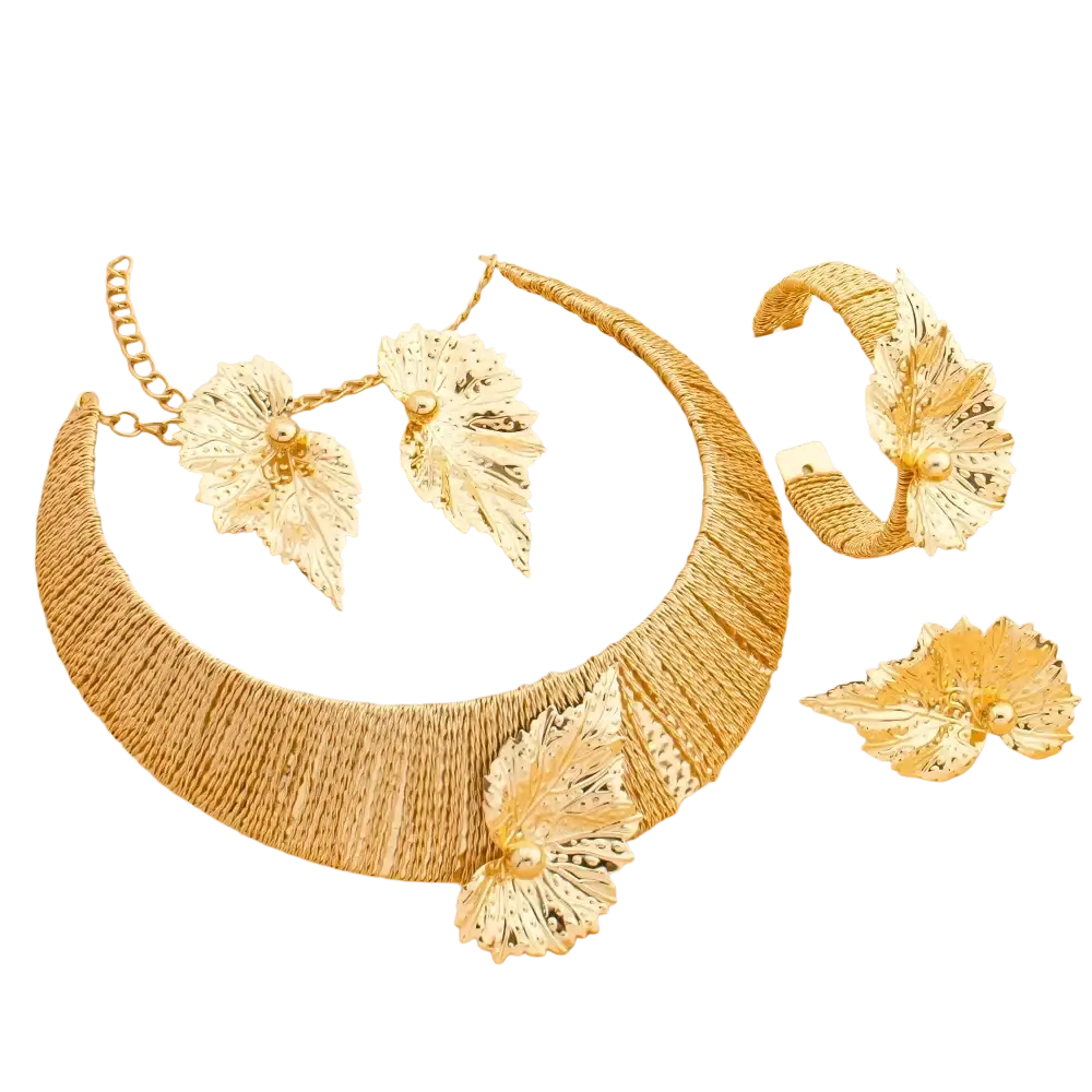 Gold leaf pearl jewelry set featuring intricate textured metallic gold leaves with delicate pearl accents for elegant wear
