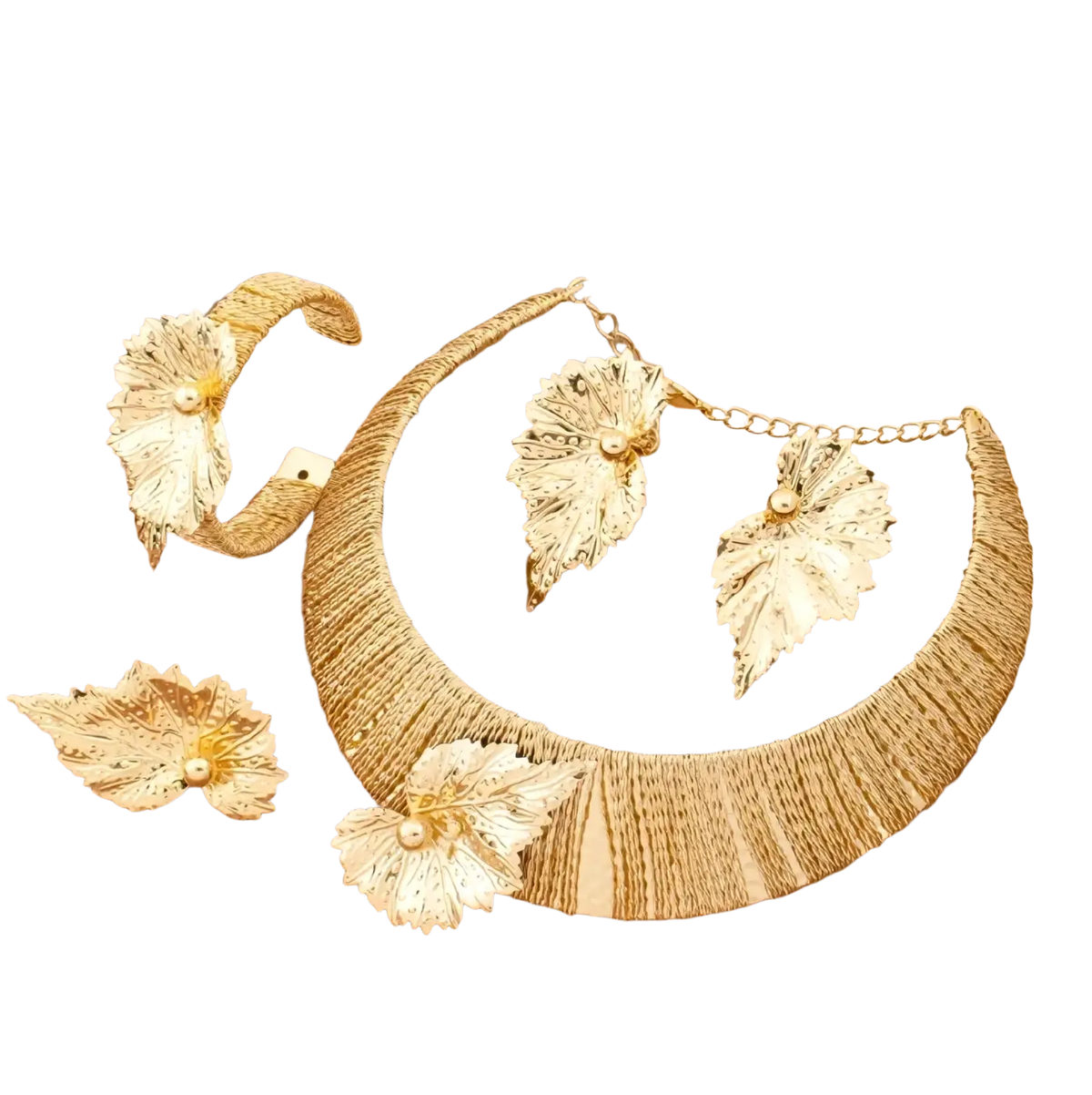 Gold leaf pearl jewelry set featuring a gold leaf-themed necklace with intricate metallic detailing and pearl accents