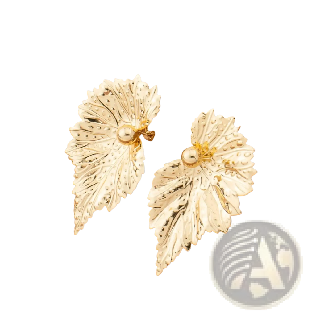 Gold leaf-shaped gold earrings with intricate detailing and a central pearl accent from gold leaf pearl jewelry set