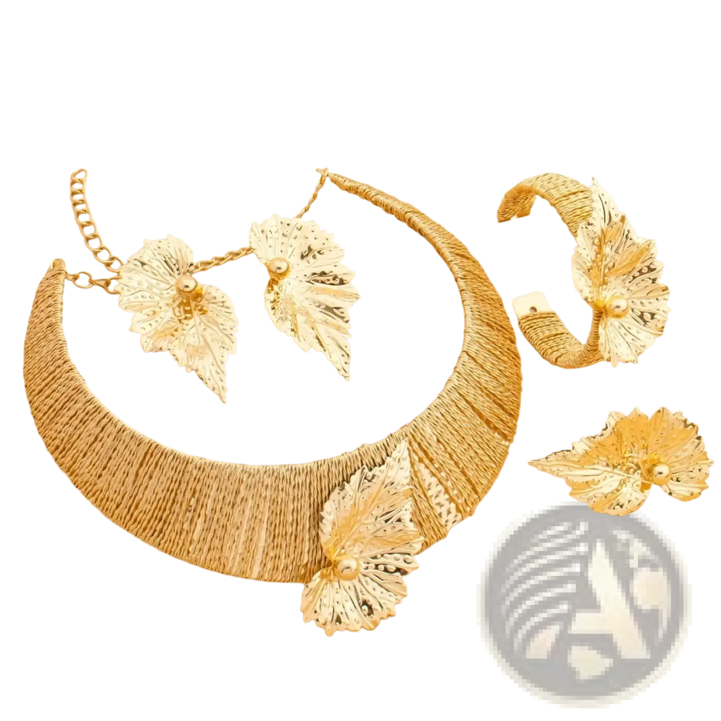 Gold leaf pearl jewelry set featuring intricate textured metallic gold leaves with delicate pearl accents for elegant wear