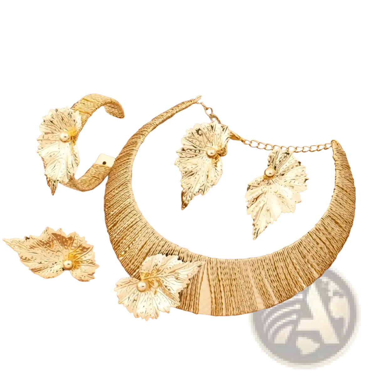 Gold leaf pearl jewelry set featuring a gold leaf-themed necklace with intricate metallic detailing and pearl accents