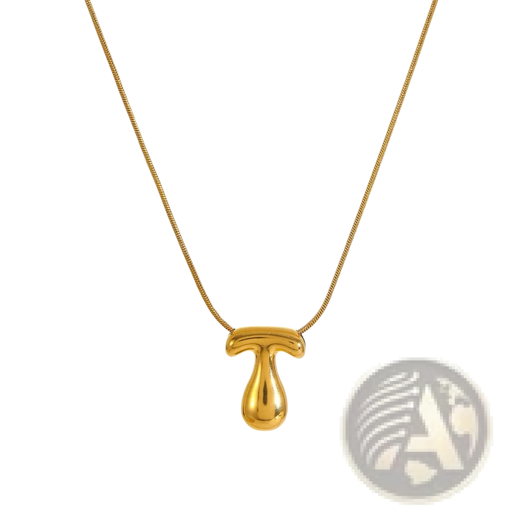 Gold letter a layered snake chain necklace featuring a gold-colored sleek t-shaped pendant with polished finish