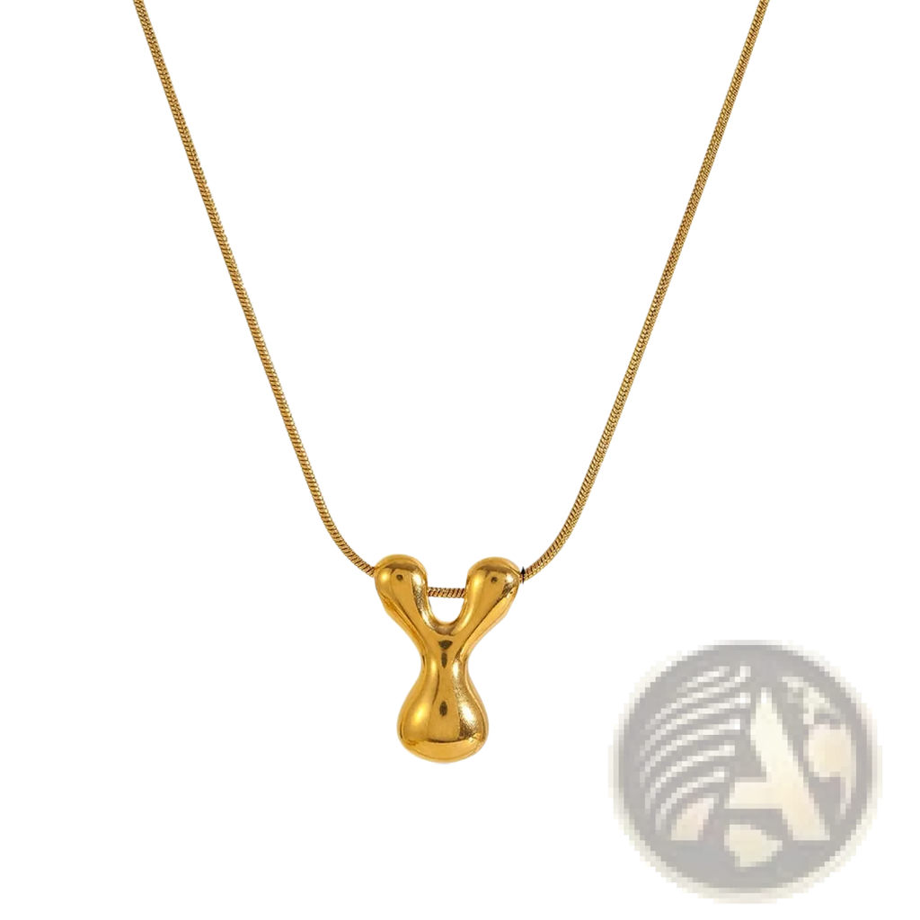 Gold letter a layered snake chain necklace featuring a sleek gold-colored y-shaped pendant on a chain
