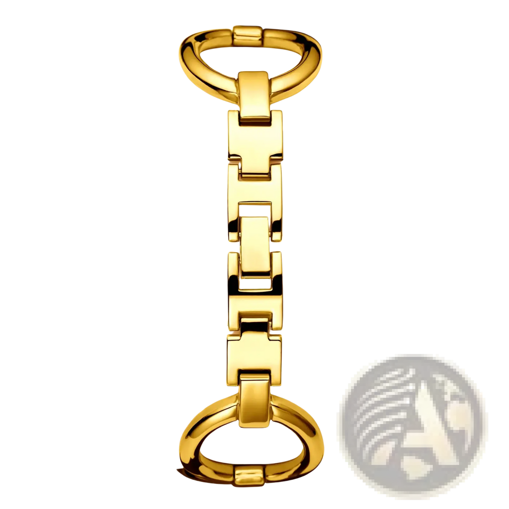 Gold luxury quartz women watch bracelet with a gold-toned metal bracelet featuring interlocking chain and horsebit clasps