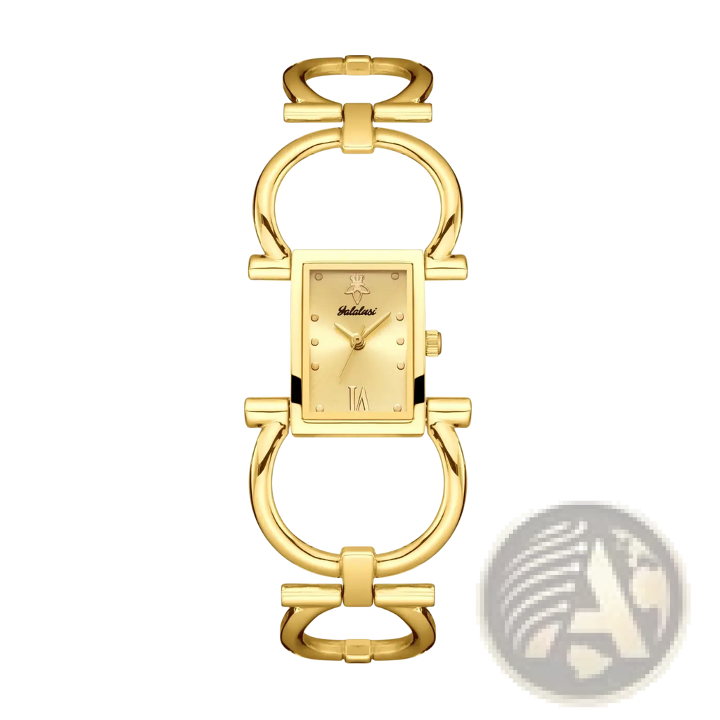 Gold luxury quartz women watch bracelet with gold-toned rectangular case and horsebit-style minimalist dial design