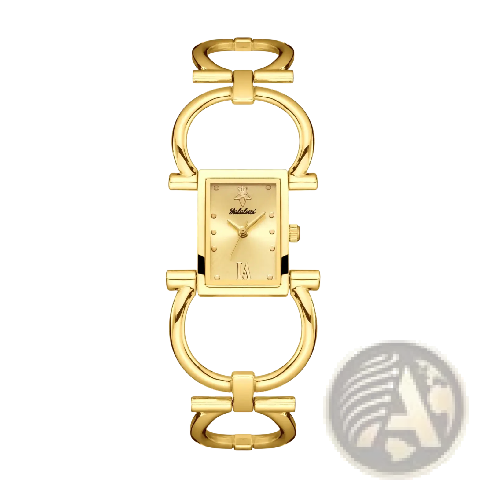 Gold luxury quartz women watch bracelet with gold-toned rectangular case and horsebit-style minimalist dial design