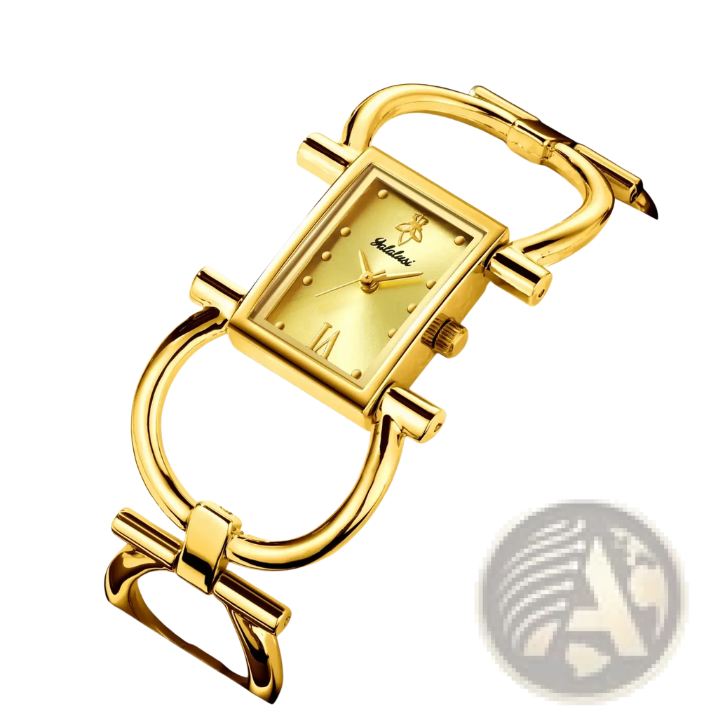 Gold luxury quartz women watch bracelet featuring a gold-toned rectangular case and a distinctive bow-shaped bracelet