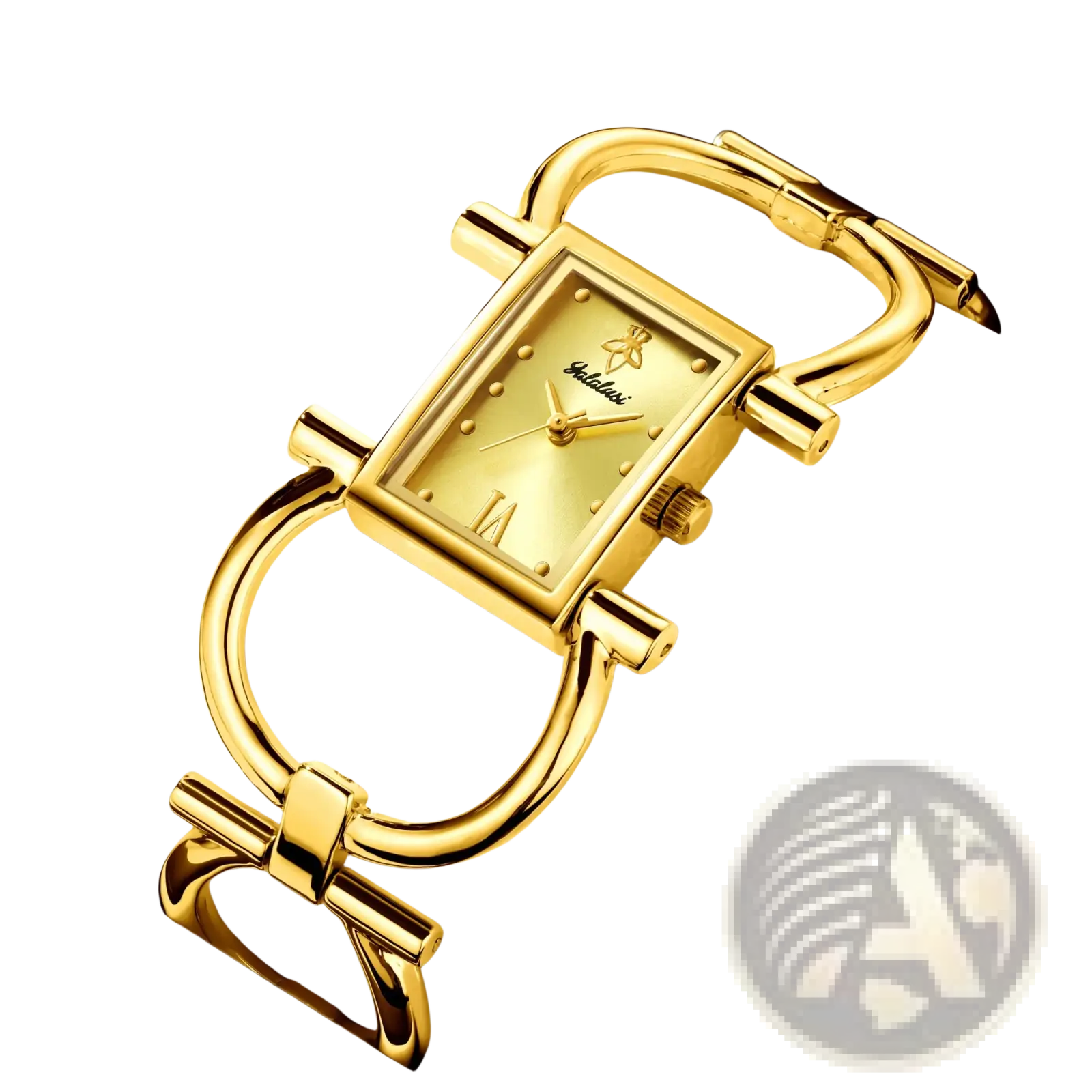 Gold luxury quartz women watch bracelet featuring a gold-toned rectangular case and a distinctive bow-shaped bracelet