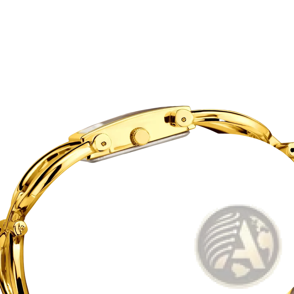 Gold luxury quartz women watch bracelet with a gold-toned rectangular dial and polished metal band and crown