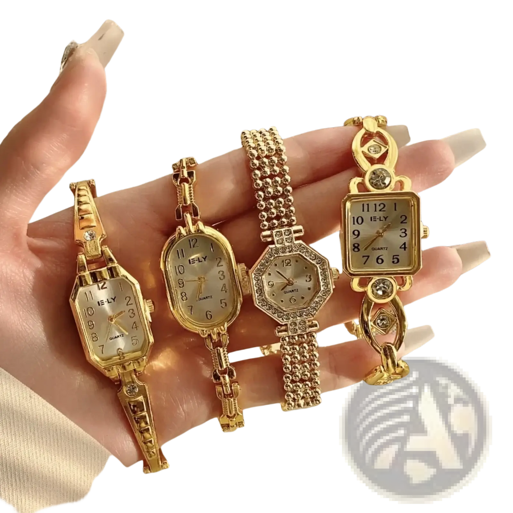 Four elegant gold luxury women’s bracelet watches with i-ly quartz movement featuring crystal-adorned faces