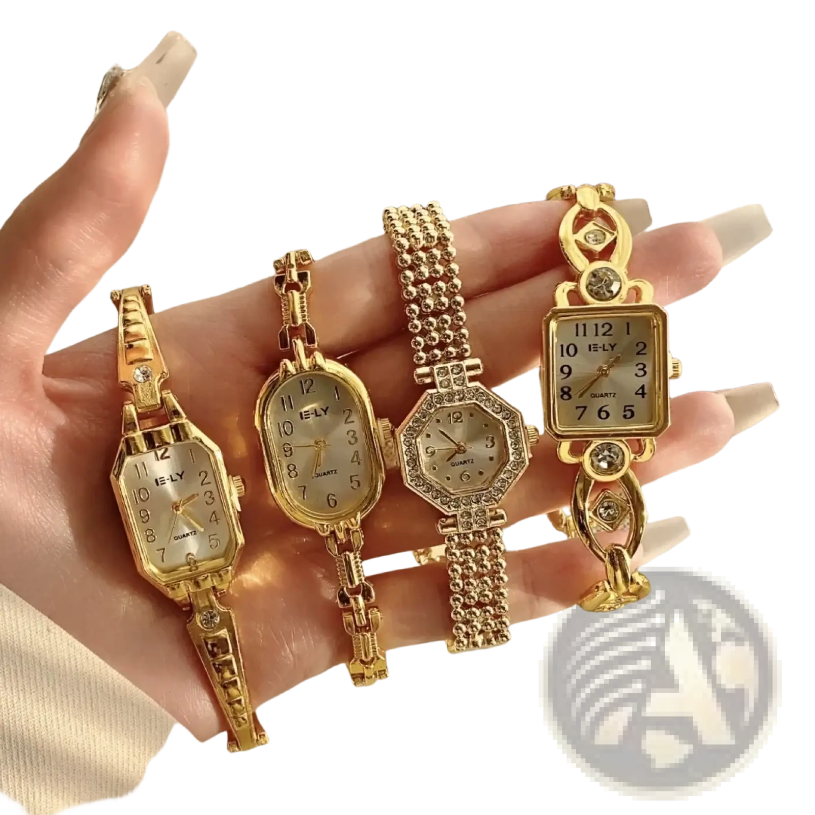 Four elegant gold luxury women’s bracelet watches with i-ly quartz movement featuring crystal-adorned faces