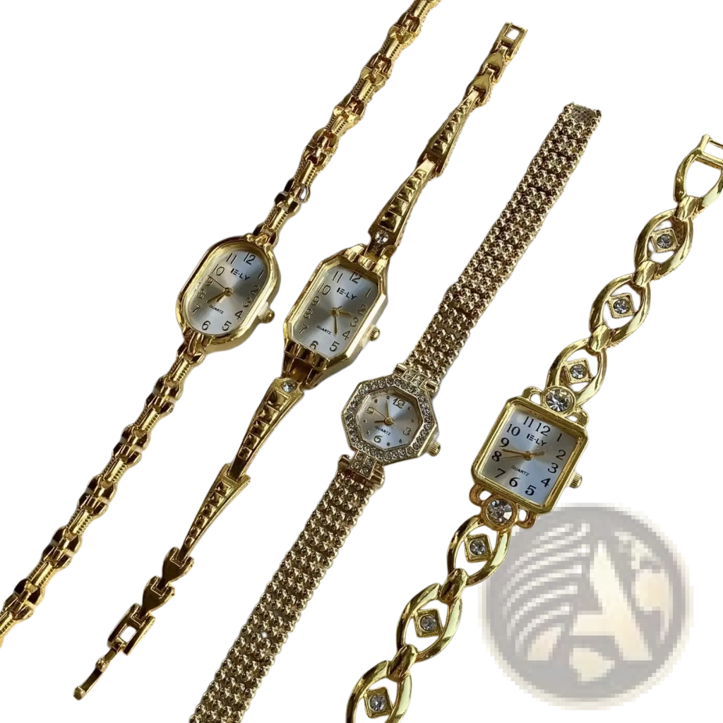 Four gold luxury women’s bracelet watches with varying face shapes and white dials featuring black numerals
