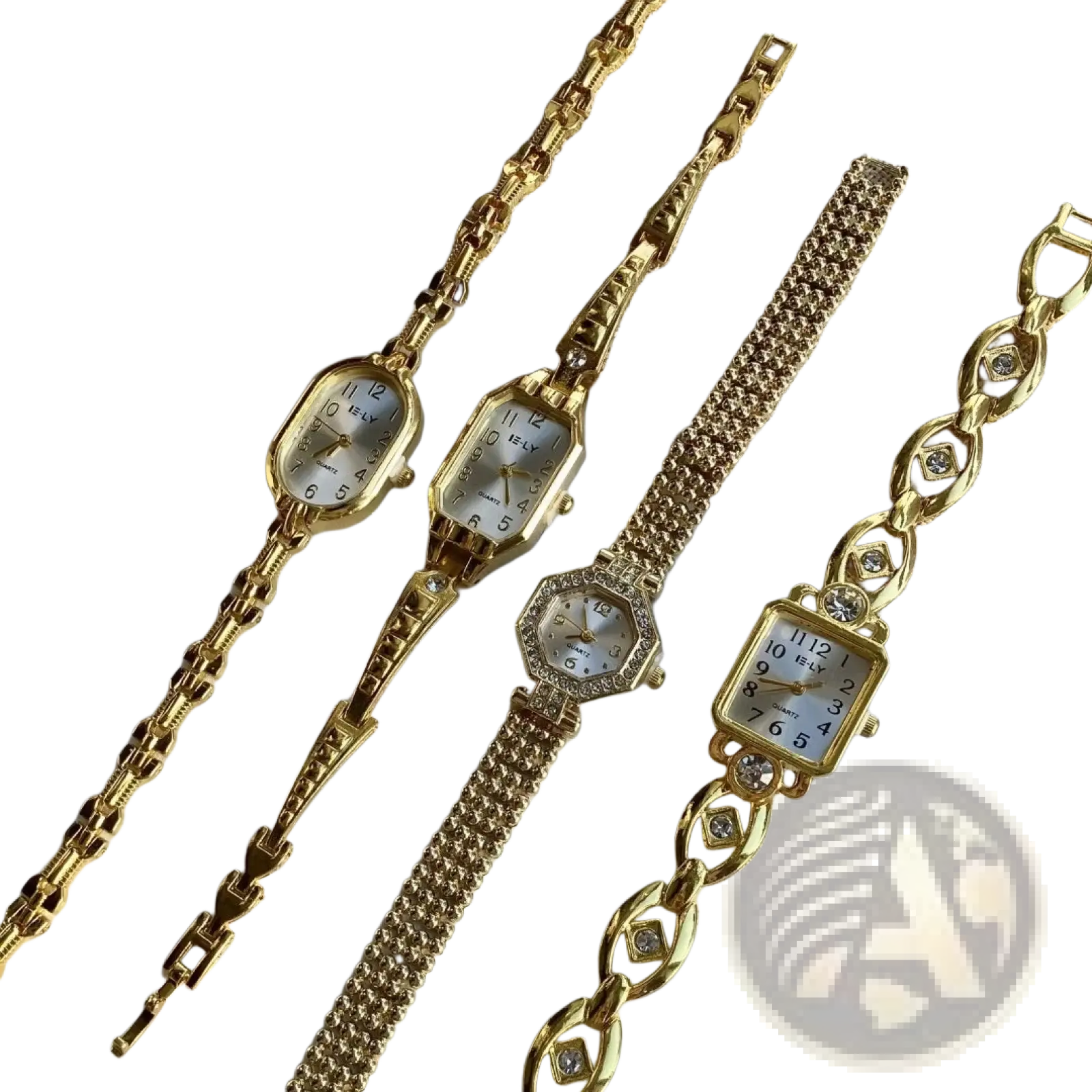 Four gold luxury women’s bracelet watches with varying face shapes and white dials featuring black numerals