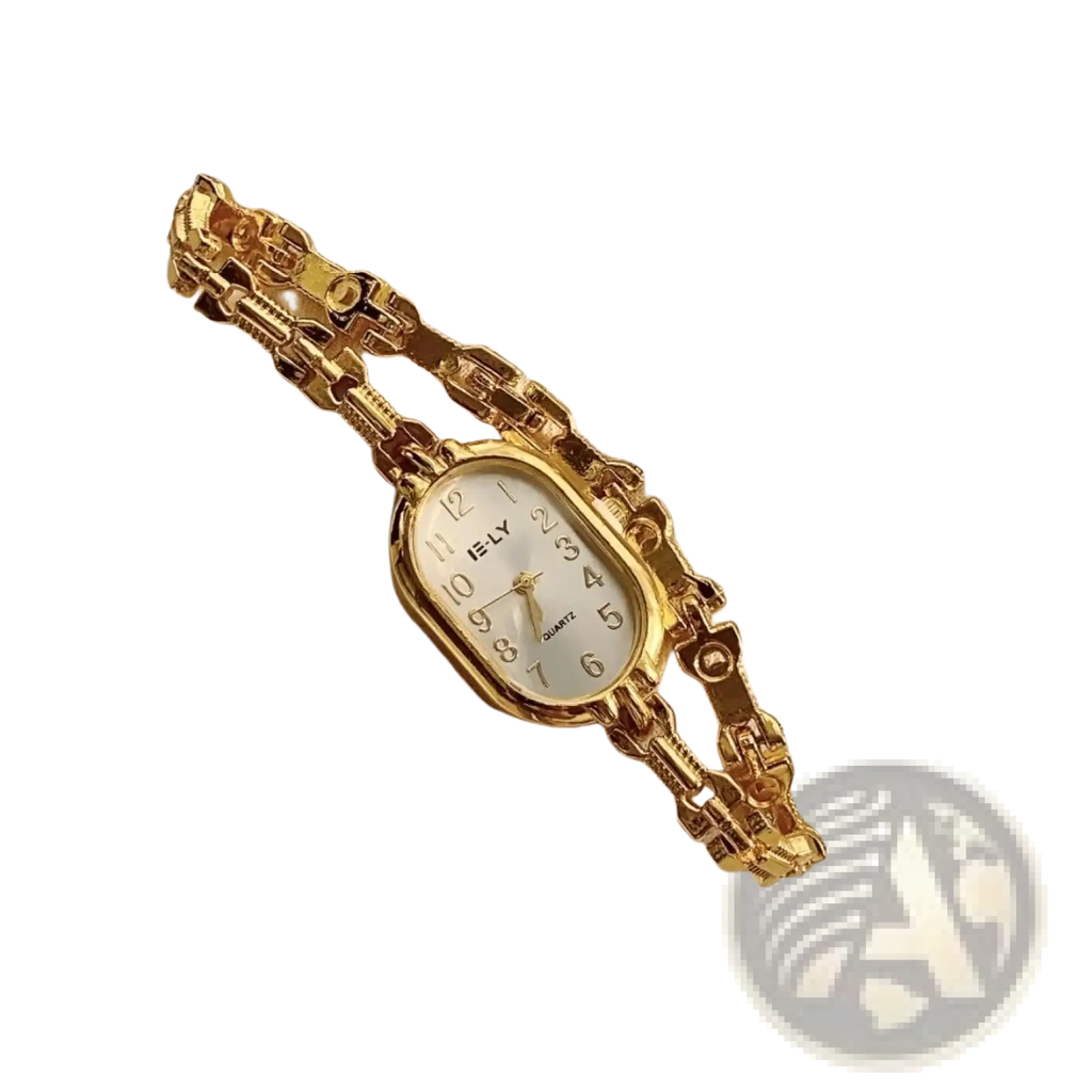 Gold luxury women’s bracelet watch featuring a gold-toned iely quartz oval face and intricate chain-link bracelet