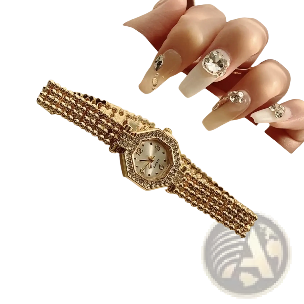 Gold luxury women’s bracelet watch with gold-toned octagonal face, crystal embellishments, and beaded mesh strap