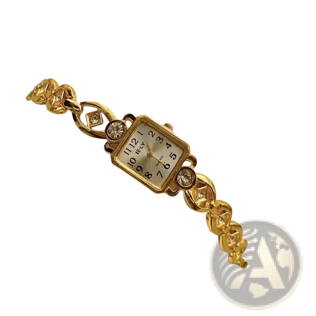 Gold luxury womens bracelet watch with gold-toned rectangular case white face black numerals and diamond accents on links