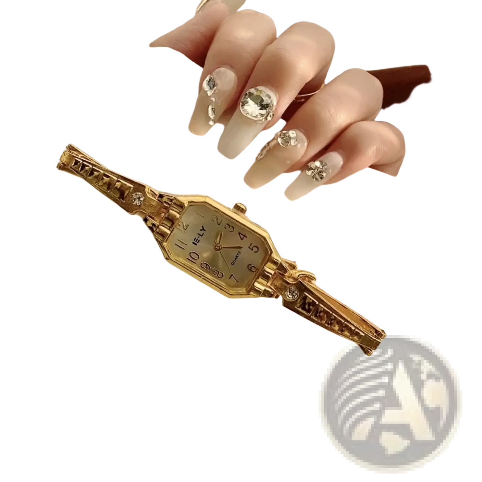 Gold luxury women’s bracelet watch with a gold-toned rectangular case, crystal accents, and a jeweled delicate bracelet