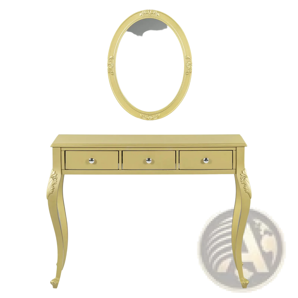 Gold makeup vanity desk with oval mirror and three drawers featuring a gold finish for elegant storage and use
