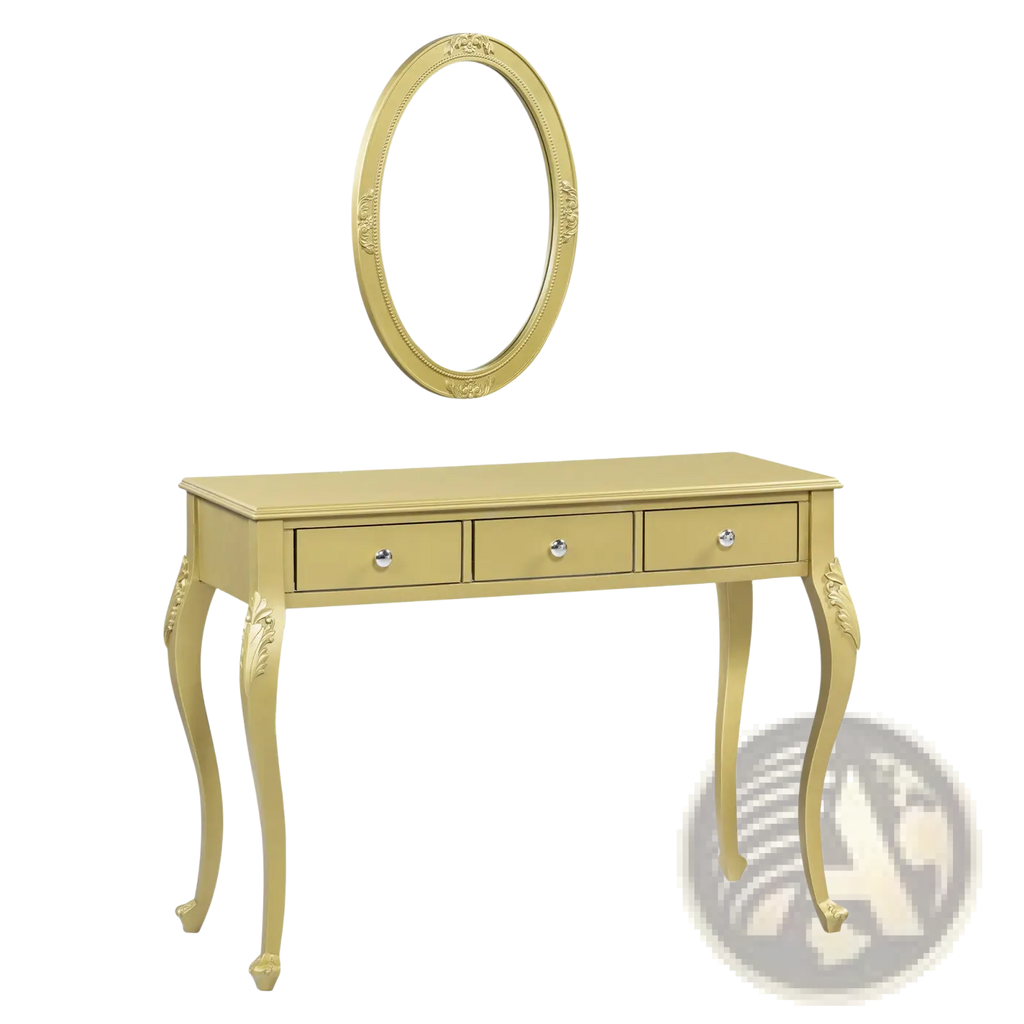 Gold makeup vanity desk with gold finish, oval mirror, and three drawers for organized beauty storage