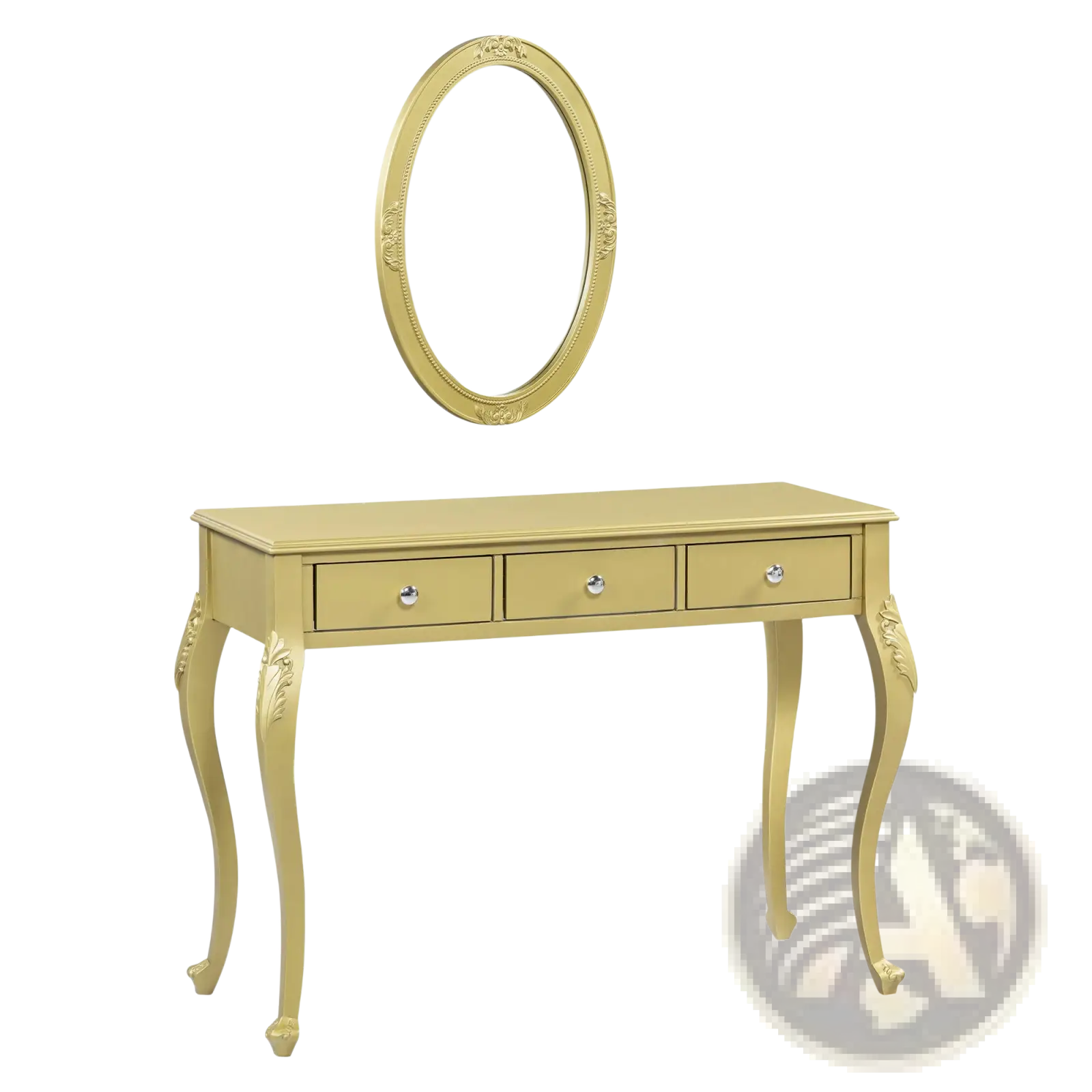 Gold makeup vanity desk with gold finish, oval mirror, and three drawers for organized beauty storage