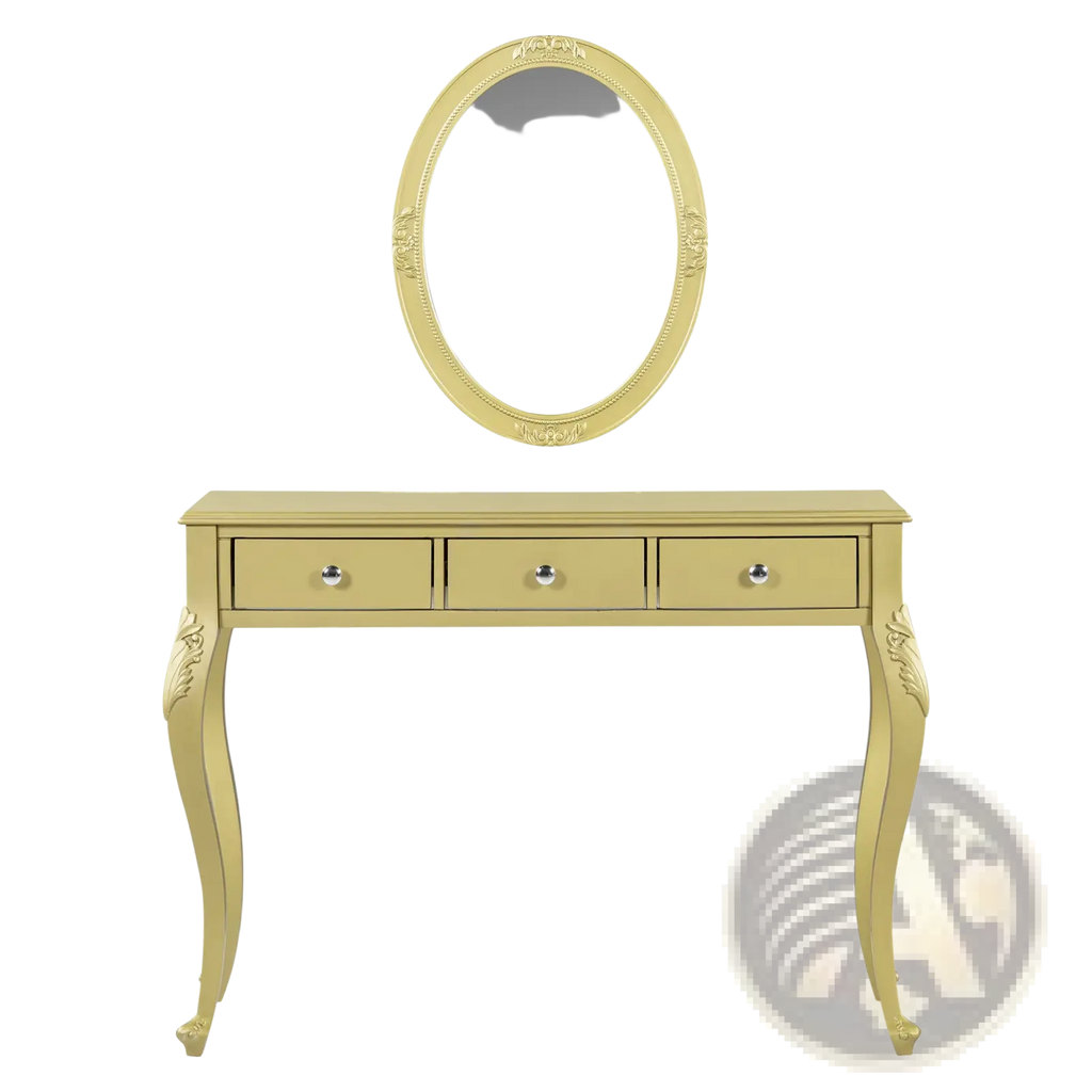 Gold makeup vanity desk with oval mirror and three drawers featuring a gold-finished design for elegant storage