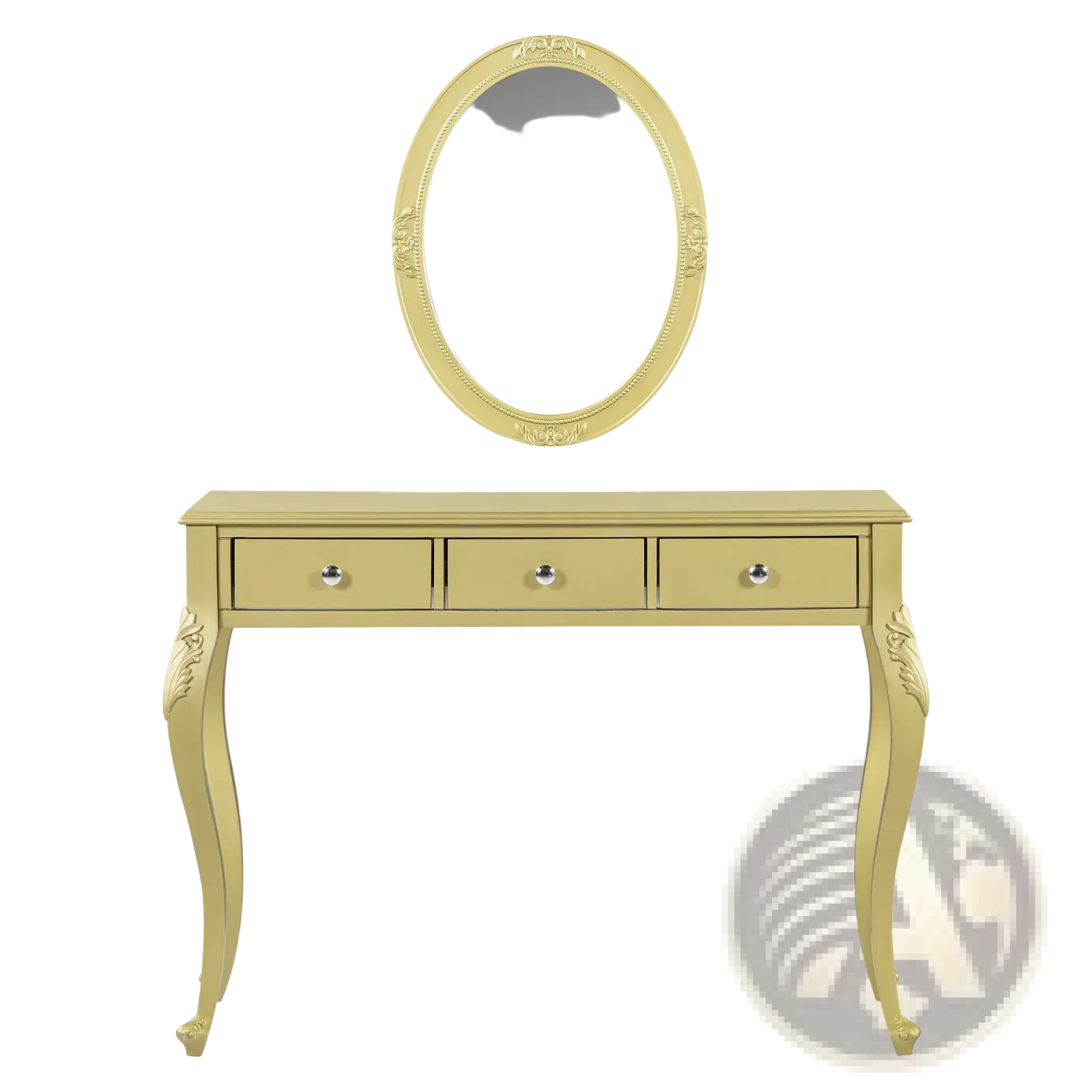 Gold makeup vanity desk with oval mirror and three drawers featuring a gold-finished design for elegant storage
