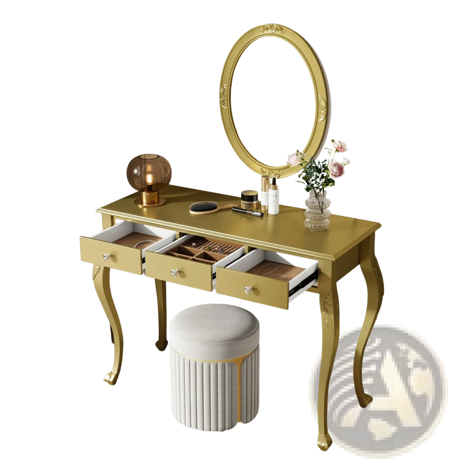 Gold makeup vanity desk with oval mirror gold finish ornate legs and three drawers with crystal knobs for makeup storage