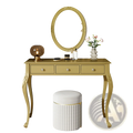 Gold makeup vanity desk with gold finish ornate legs three drawers with round crystal knobs and oval mirror