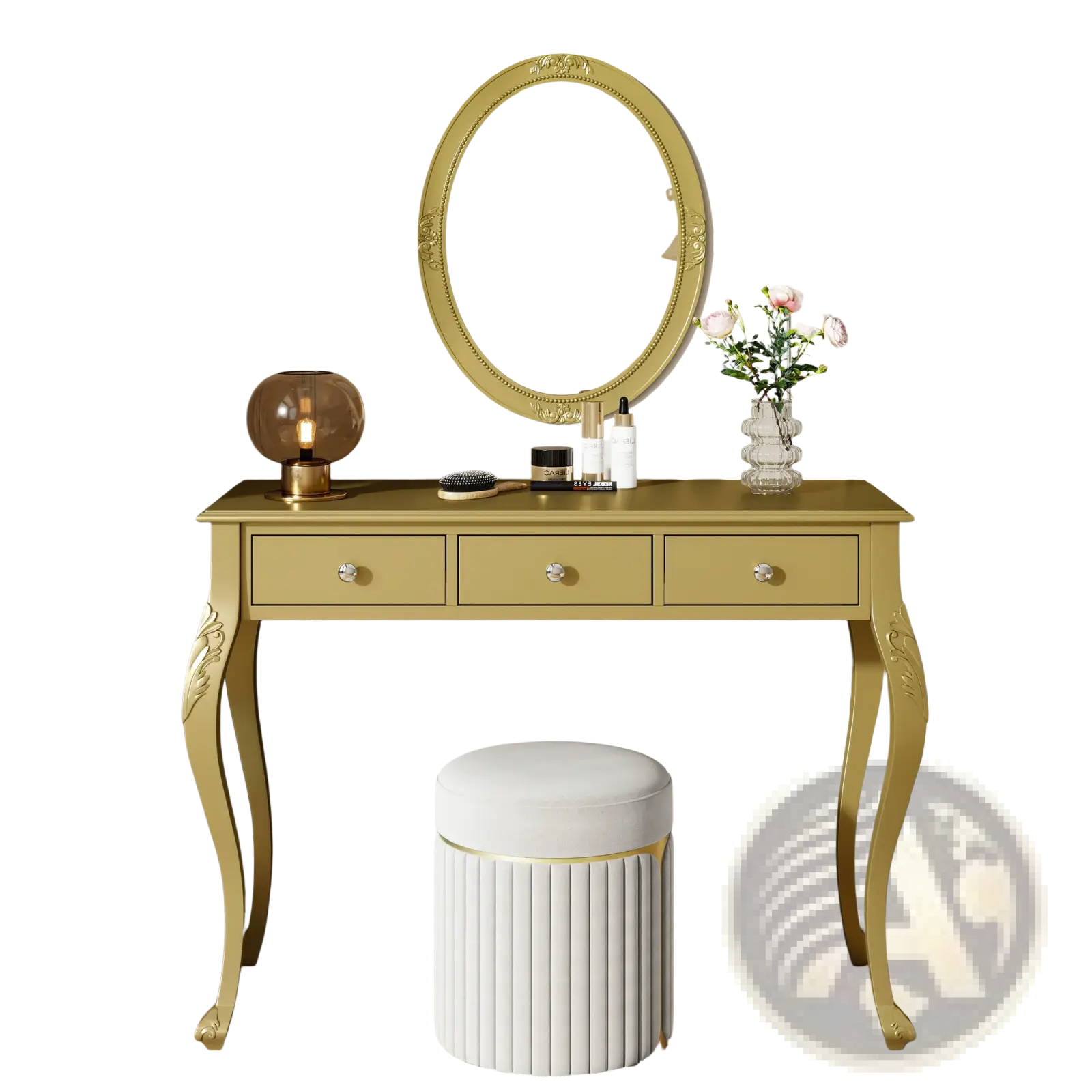 Gold makeup vanity desk with gold finish ornate legs three drawers with round crystal knobs and oval mirror