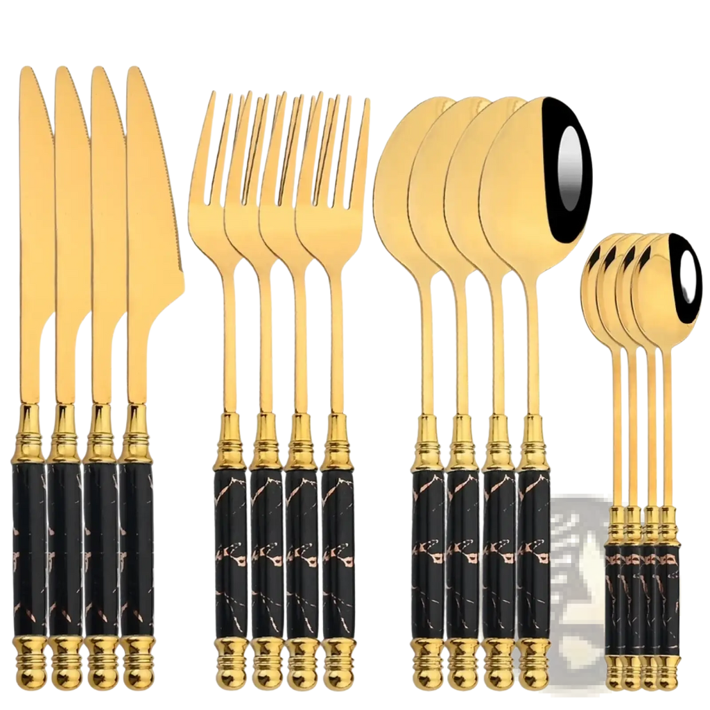 Gold marble 16 piece stainless steel flatware set with gold finished cutlery and black marble patterned handles