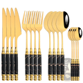 Gold marble 16 piece stainless steel flatware set with gold finished cutlery and black marble patterned handles