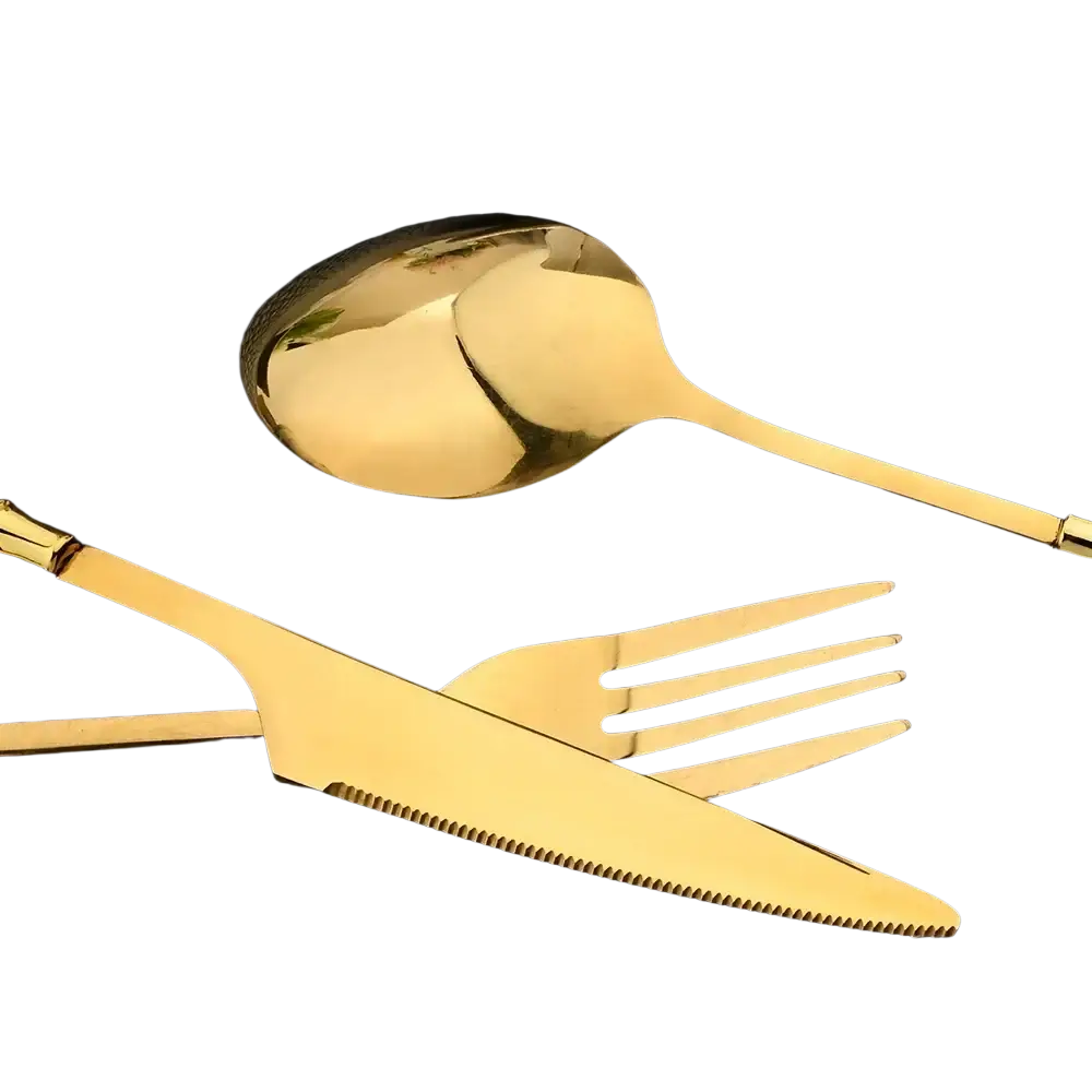 Gold marble 16 piece stainless steel flatware set with gold-colored spoon fork and knife featuring sleek modern design