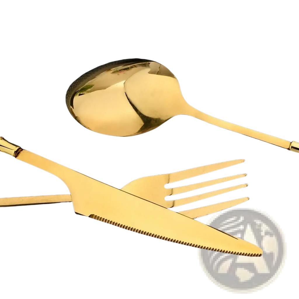 Gold marble 16 piece stainless steel flatware set with gold-colored spoon fork and knife featuring sleek modern design