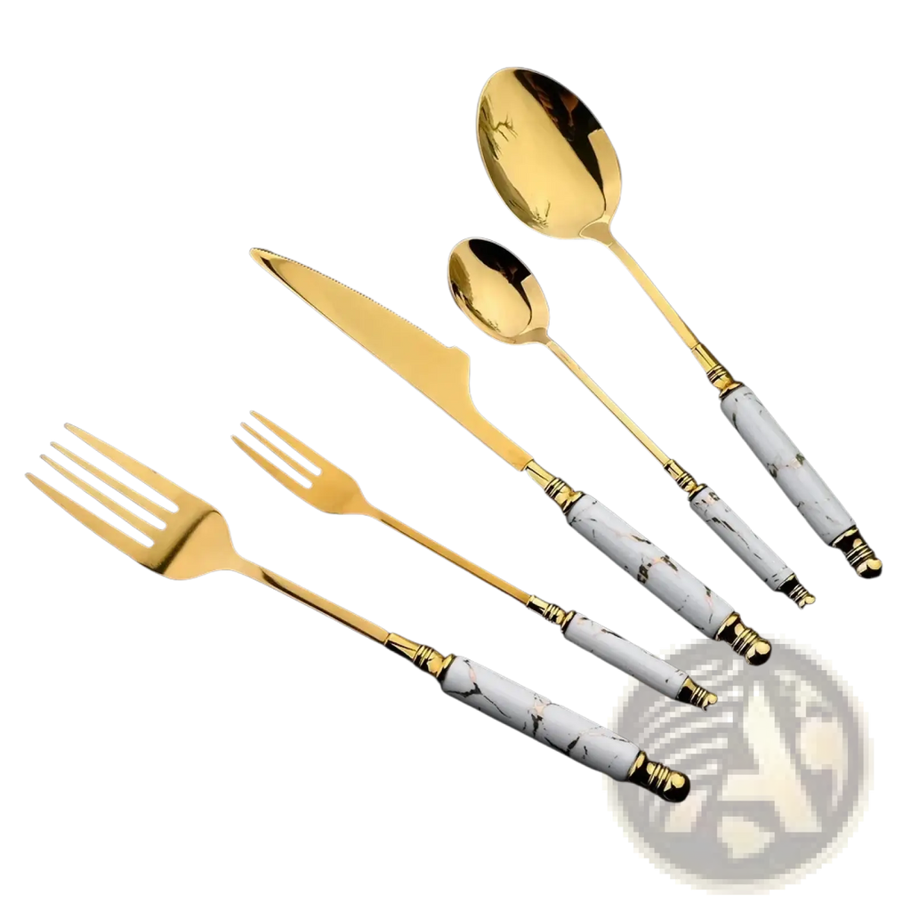 Elegant gold-toned 16 piece stainless steel flatware set with white marble-patterned handles for stylish dining