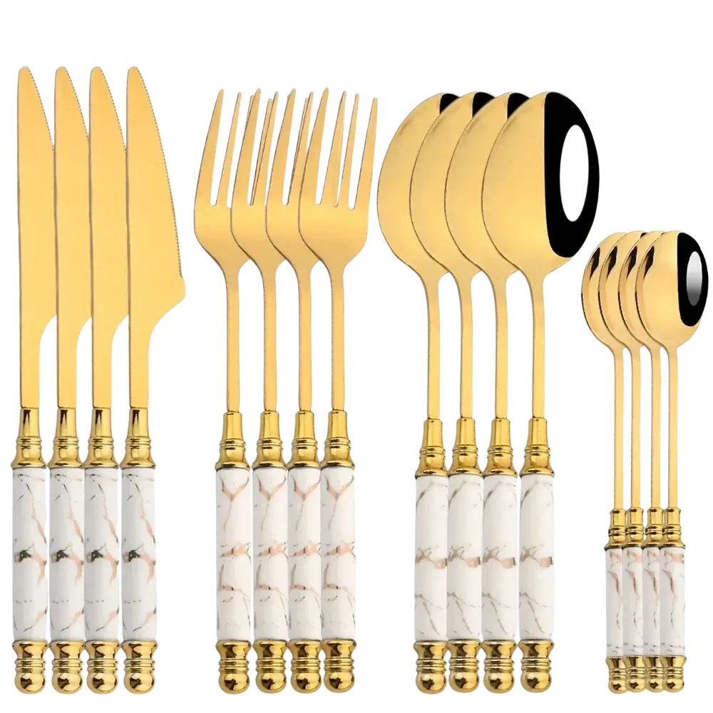Gold marble 16 piece stainless steel flatware set with gold-finished cutlery and white marble-patterned handles