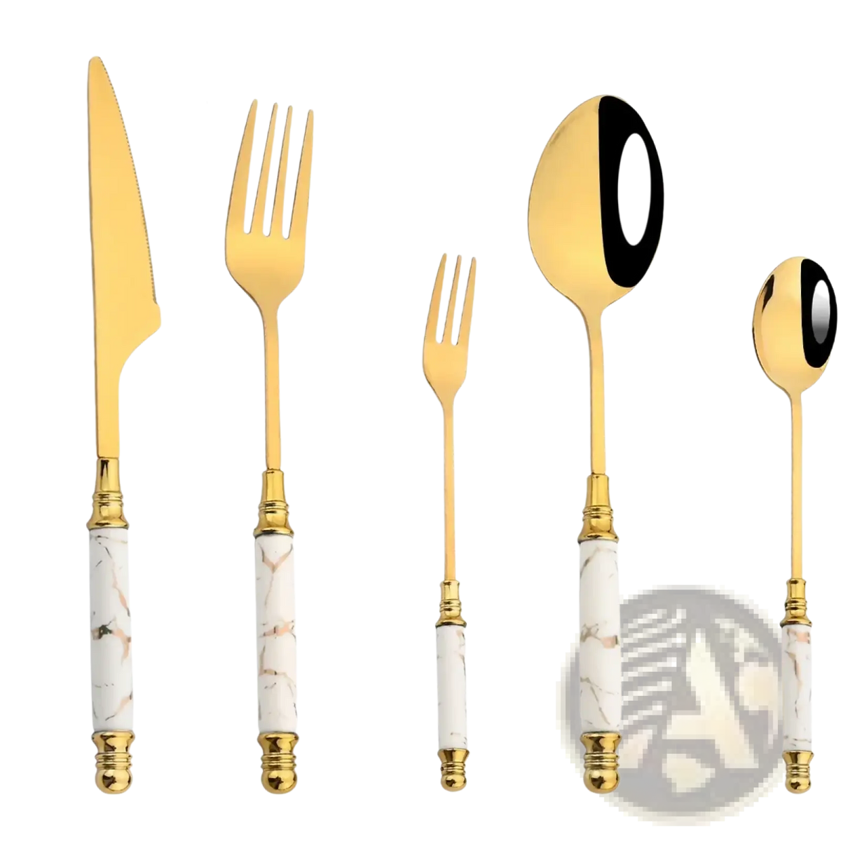 Gold marble 16 piece stainless steel flatware set with gold finished cutlery and white marble pattern handles
