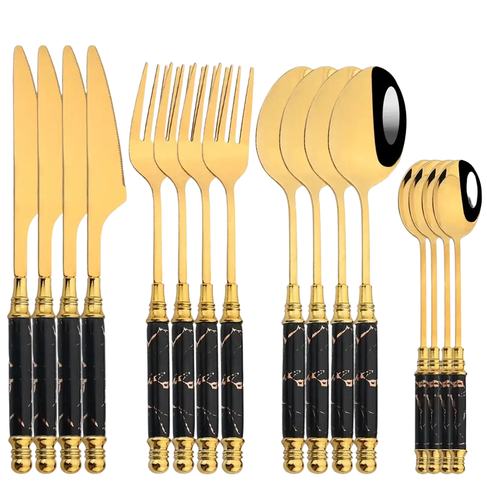 Gold marble 16 piece stainless steel flatware set with gold finished cutlery and black marble patterned handles