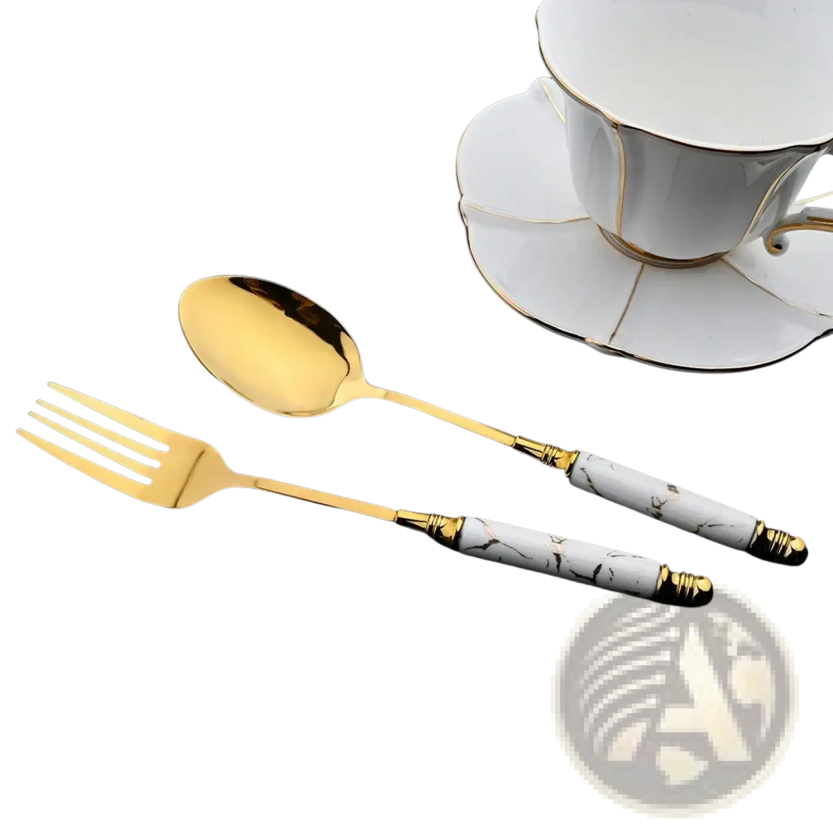Gold marble 16 piece stainless steel flatware set featuring gold-finished fork and spoon with white marble-patterned handles