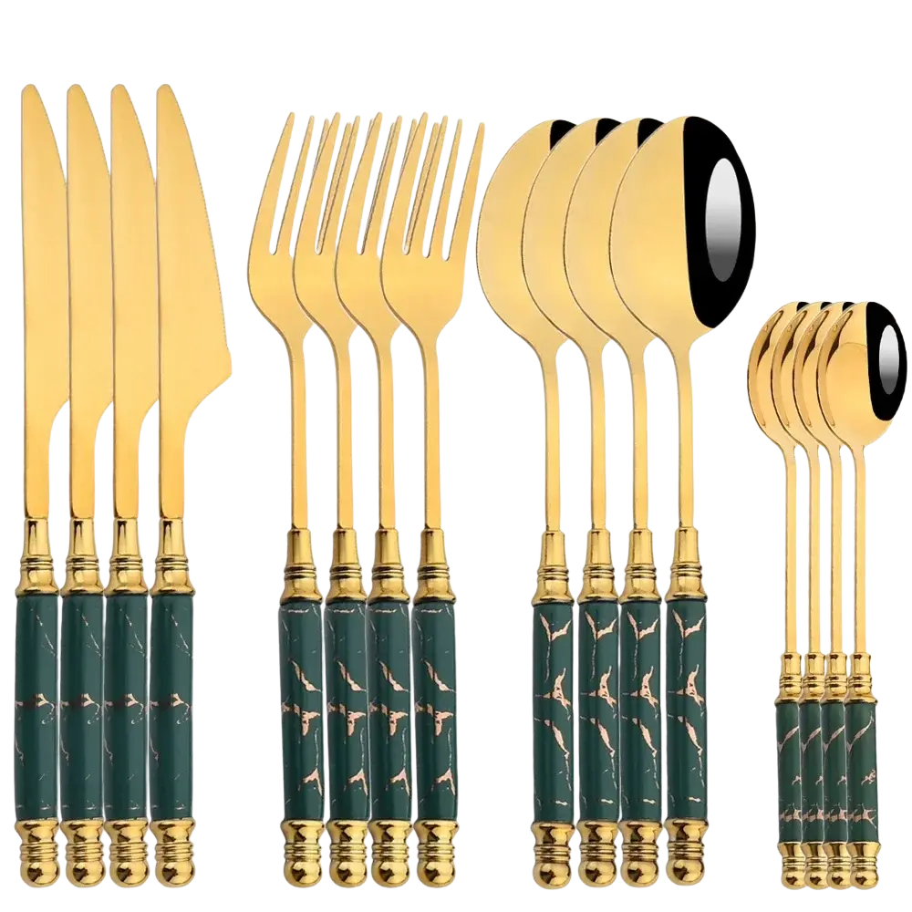 Gold marble 16 piece stainless steel flatware set with golden flatware featuring dark green marble handles and bird motifs
