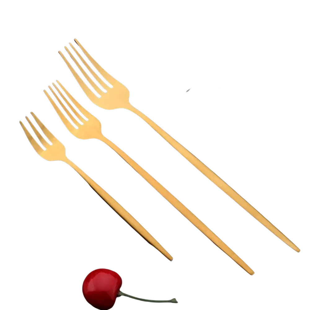 Gold matte stainless steel flatware set featuring sleek gold-colored forks with a modern design
