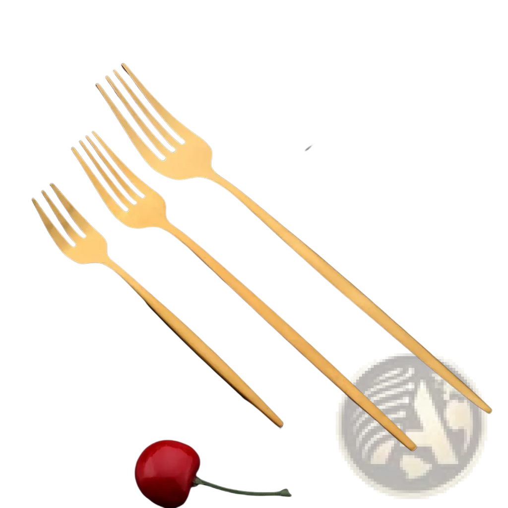 Gold matte stainless steel flatware set featuring sleek gold-colored forks with a modern design