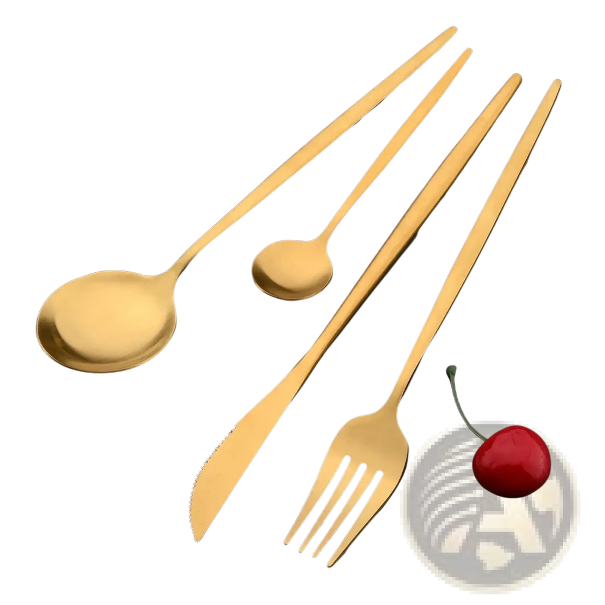 Set of four gold matte stainless steel flatware pieces including spoon fork knife and smaller spoon for dining use