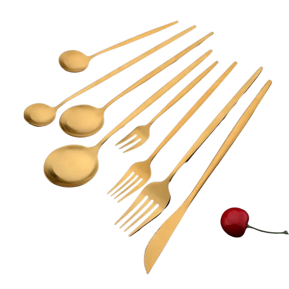 Gold matte stainless steel flatware set featuring a golden stainless steel cutlery set with sleek modern design
