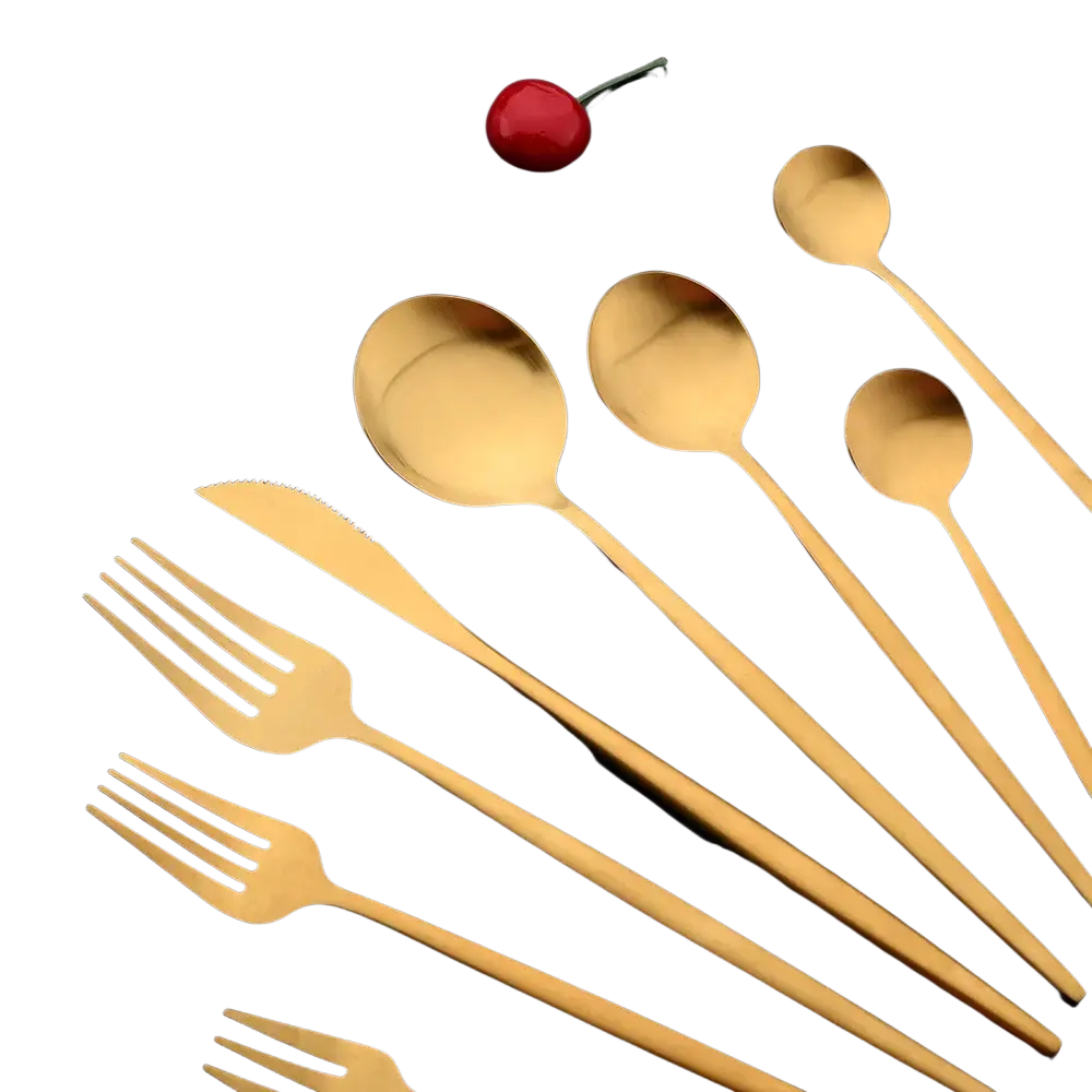 Gold matte stainless steel flatware set featuring golden cutlery with a sleek modern design and long handles