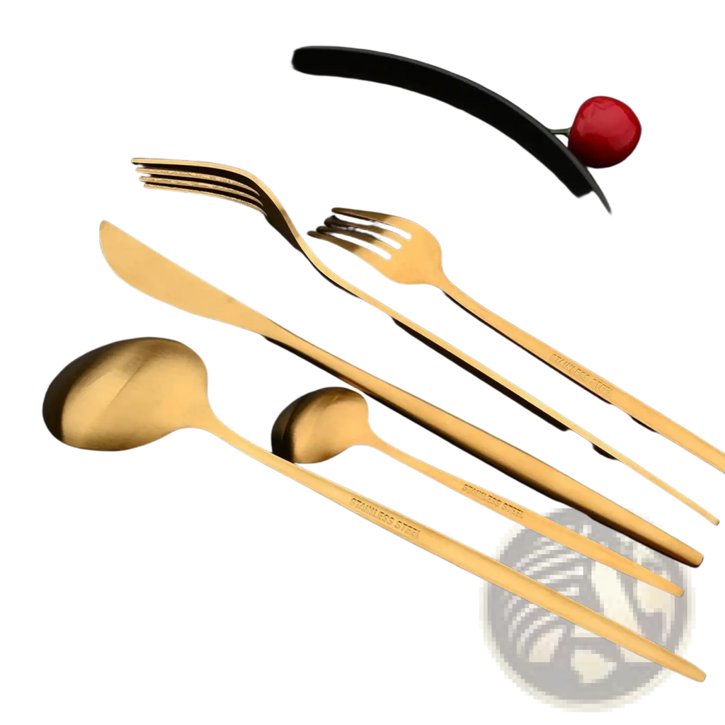 Gold matte stainless steel flatware set featuring golden cutlery with a sleek modern design for elegant dining