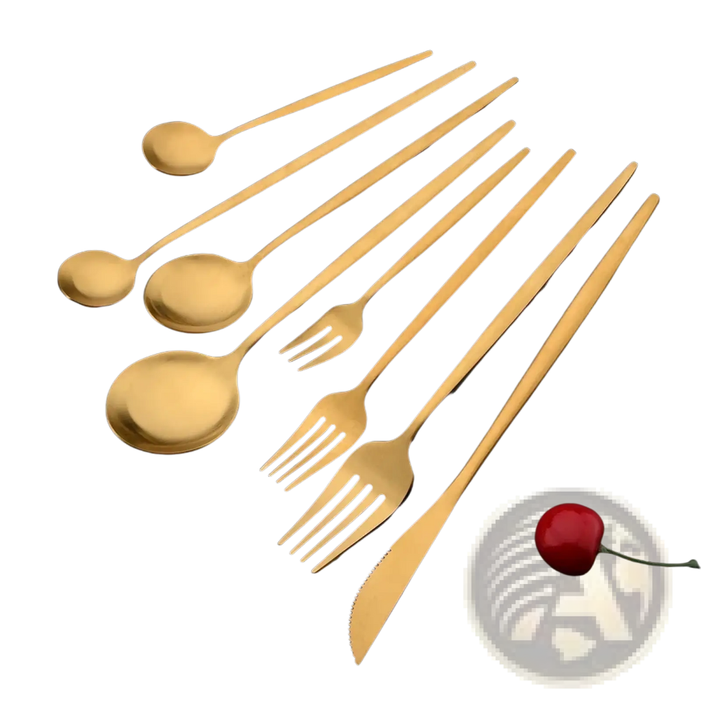 Gold matte stainless steel flatware set featuring a golden stainless steel cutlery set with sleek modern design