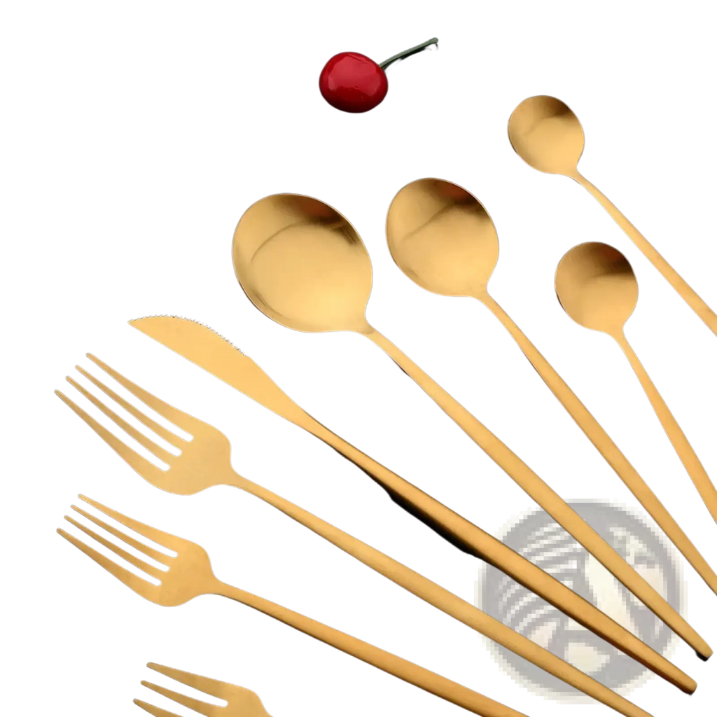 Gold matte stainless steel flatware set featuring golden cutlery with a sleek modern design and long handles