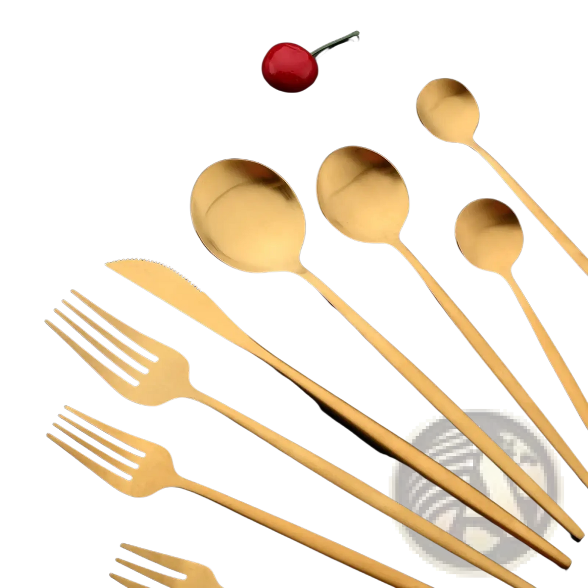 Gold matte stainless steel flatware set featuring golden cutlery with a sleek modern design and long handles