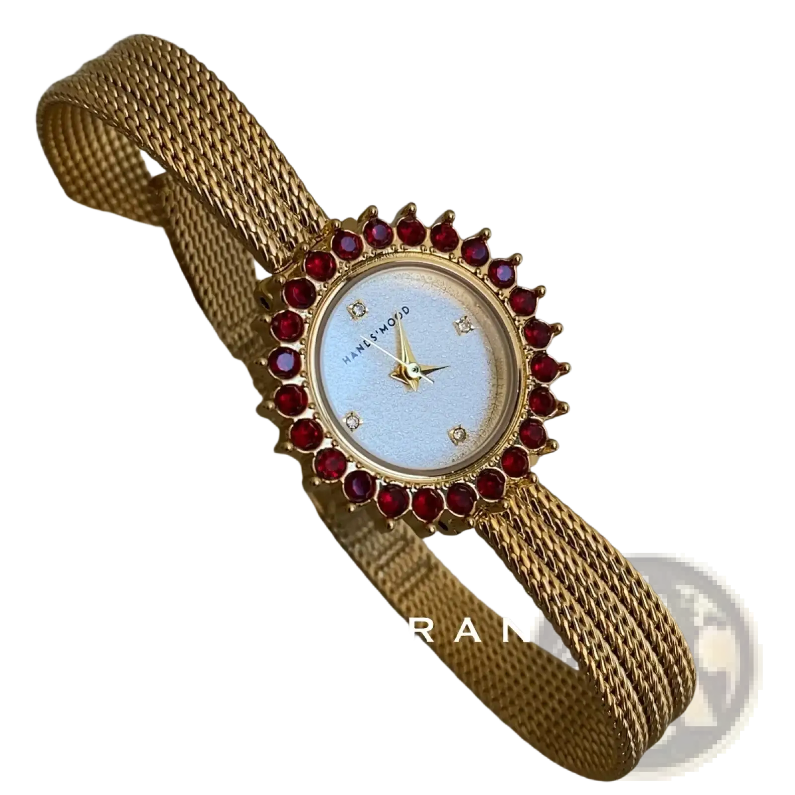 Gold mesh women watch with light blue dial ruby bezel quartz luxury design with red gemstones and diamond accents