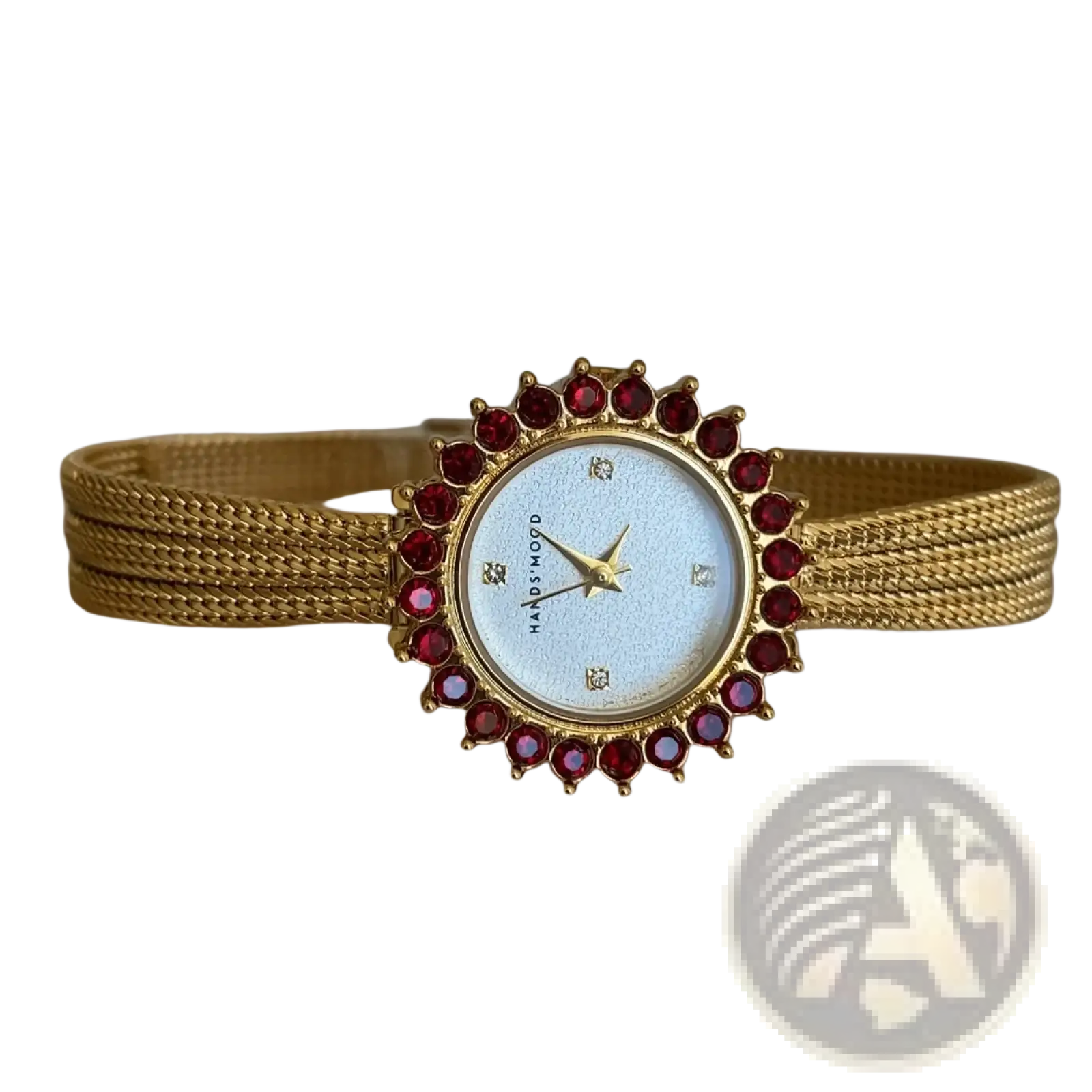 Gold mesh women watch with ruby bezel, gold-toned mesh bracelet, light blue dial, and quartz movement